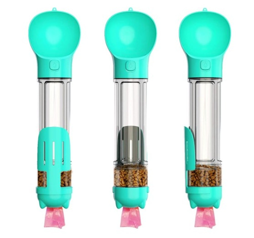 Botella Multifuncional 500 ML Bebedero Comedero Recogedor Pala y Dispensador de Bolsa Excretas