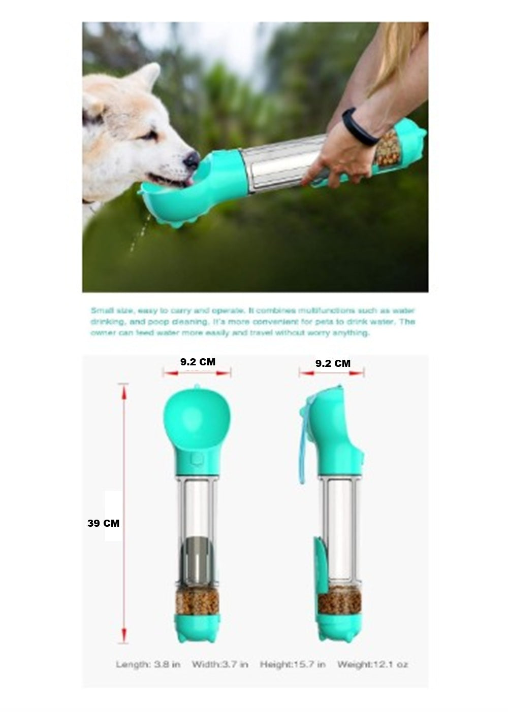 Botella Multifuncional 500 ML Bebedero Comedero Recogedor Pala y Dispensador de Bolsa Excretas