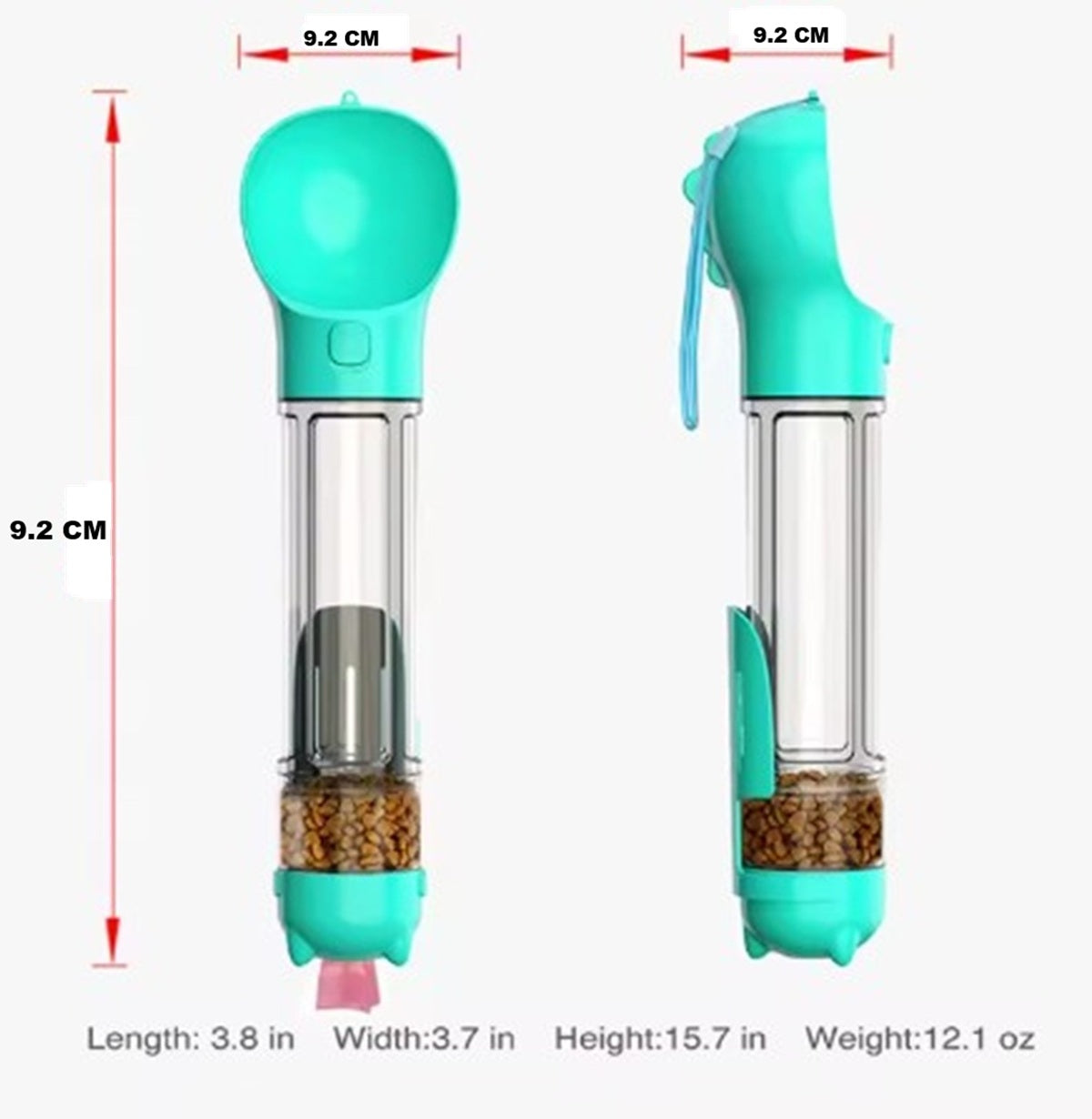 Botella Multifuncional 500 ML Bebedero Comedero Recogedor Pala y Dispensador de Bolsa Excretas